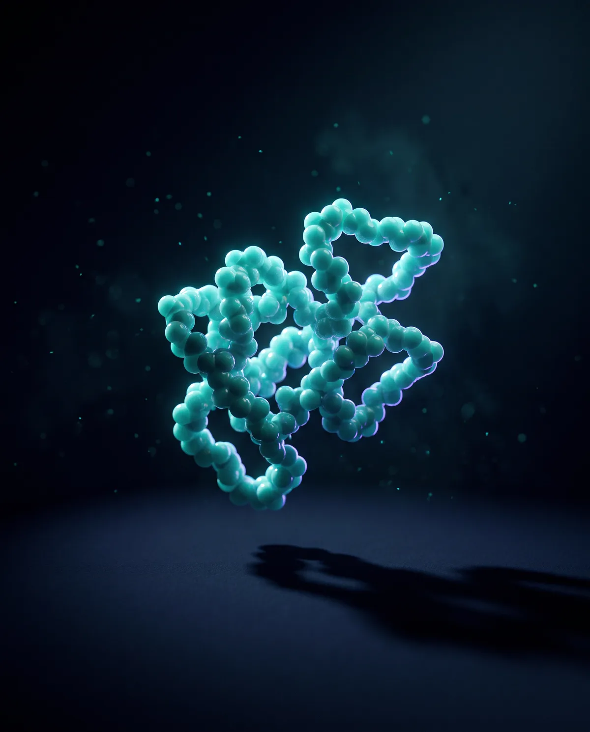 Abstracte 3D-weergave van een peptidemolecuul in donkerblauw en turquoise